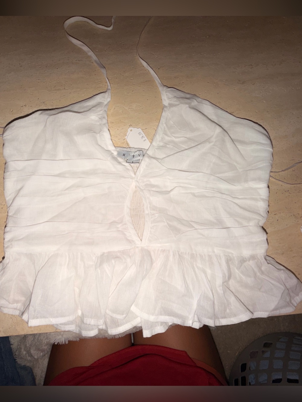 White Ruffled Spaghetti-Strap Crop Top